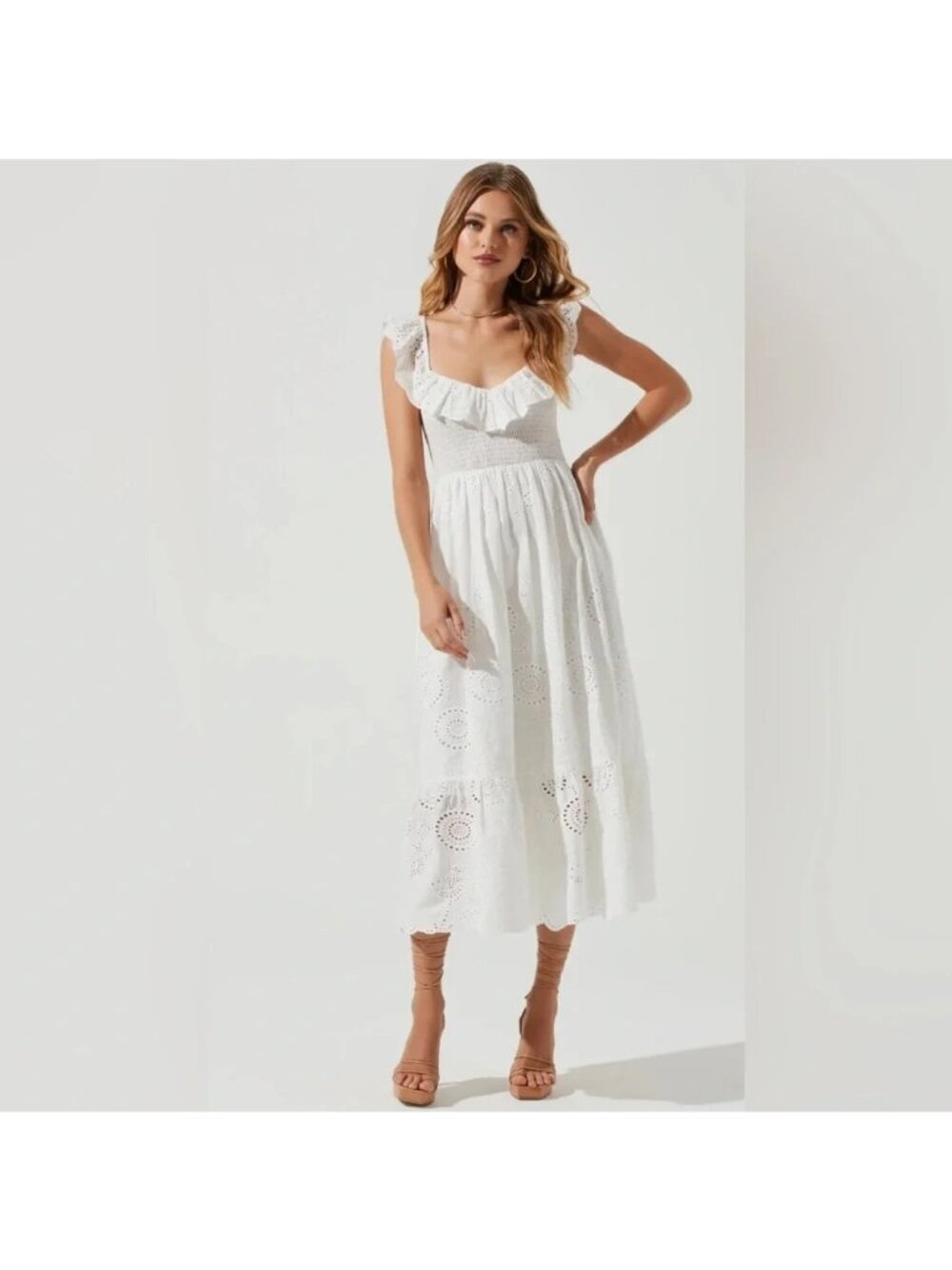 ASTR White Eyelet Ruffle Smocked Midi Dress M 100% Cotton Tie Back  Summer $178